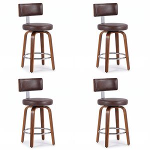 Ufurniture 4PCS Brown PU Swivel Bar Stools with Curved Wooden Legs 360° Rotating Kitchen Island Chairs