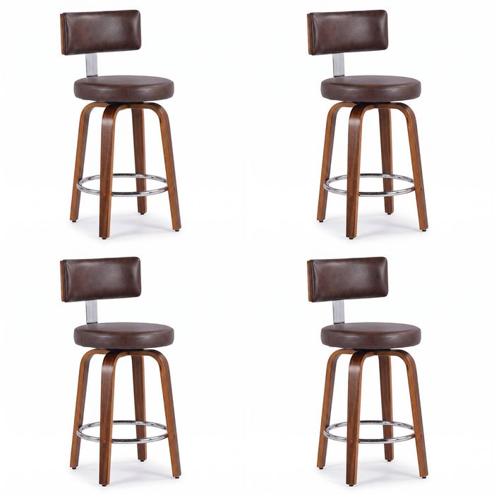 Ufurniture 4PCS Brown PU Swivel Bar Stools with Curved Wooden Legs 360° Rotating Kitchen Island Chairs