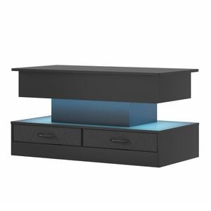 Ufurniture LED Lift Top Coffee Table 2-Tier Accent Center Table w/ Hidden Compartment & Drawers Display Shelf Black