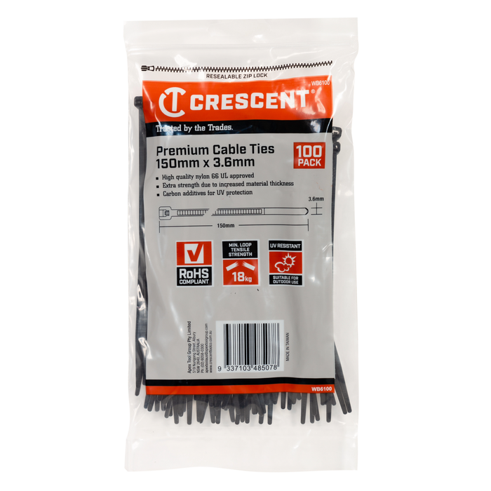 Crescent 150 x 3.6mm Black Cable Ties - 100 Pack