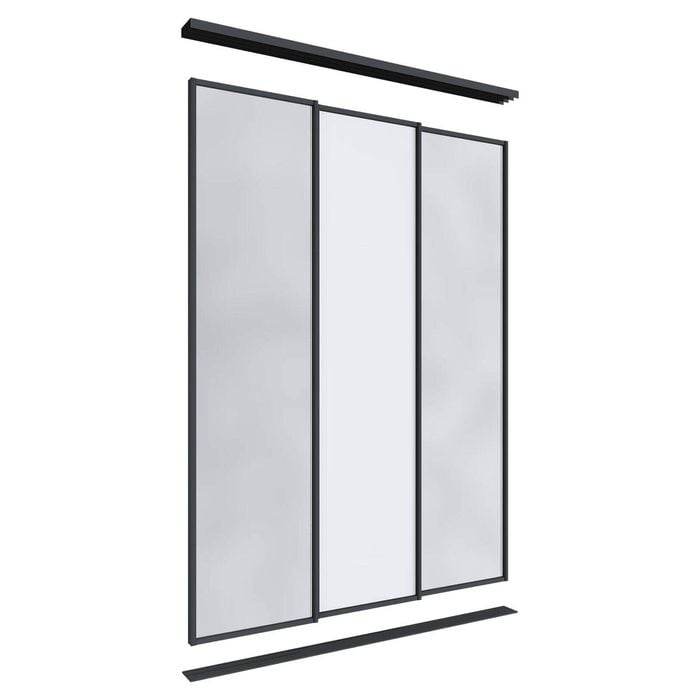 Lugna 2400 x 1800mm Black 2 Mirror 1 Melamine Wardrobe Triple Sliding Doors