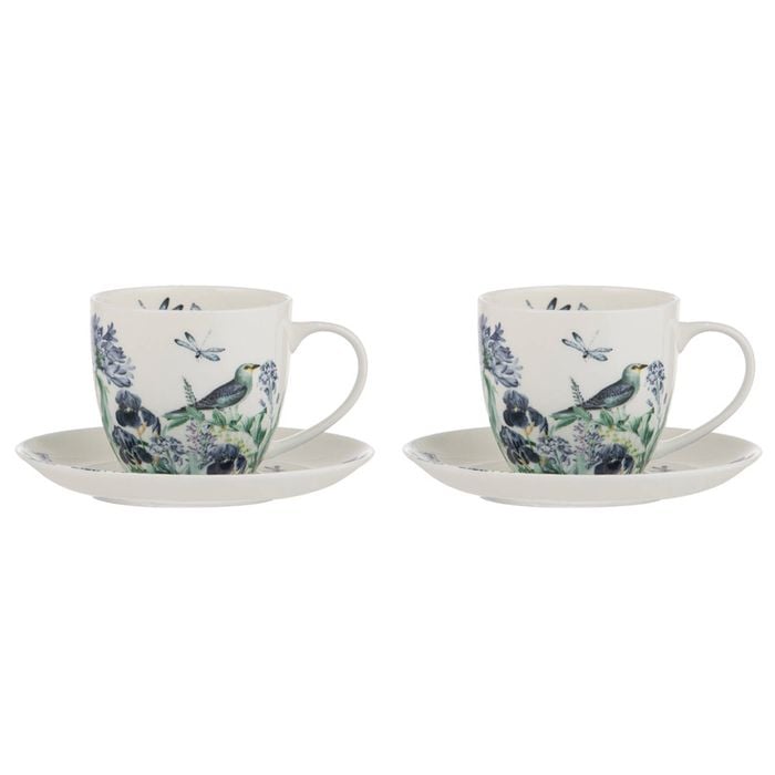 2PK Ashdene Iris Garden White Cup & Saucer Fine Bone China Set