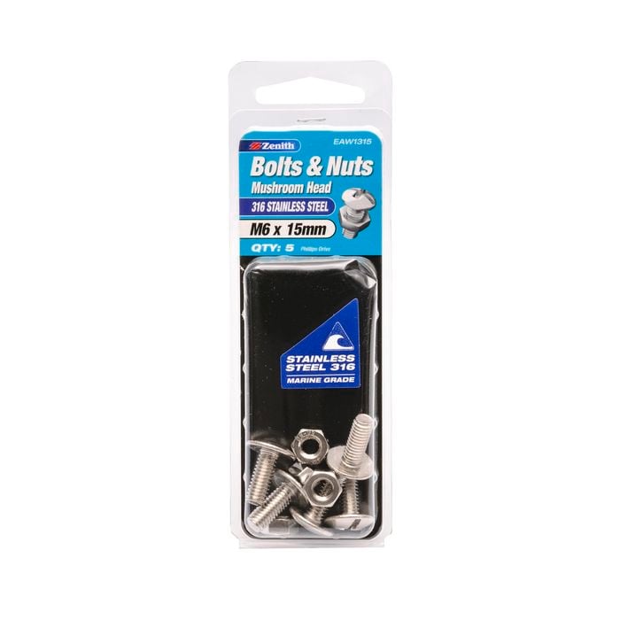 Zenith M6 x 15mm 316 Stainless Steel Mushroom Head Bolt And Nut - 5 Pack