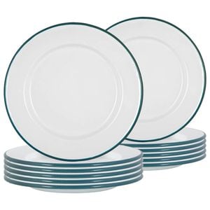 Argon Tableware 25.5cm Enamel Dinner Plates - Green Rim - Set Of 12 - 10inch Large Dish Plates Metal Enamel Tableware Dinner Set