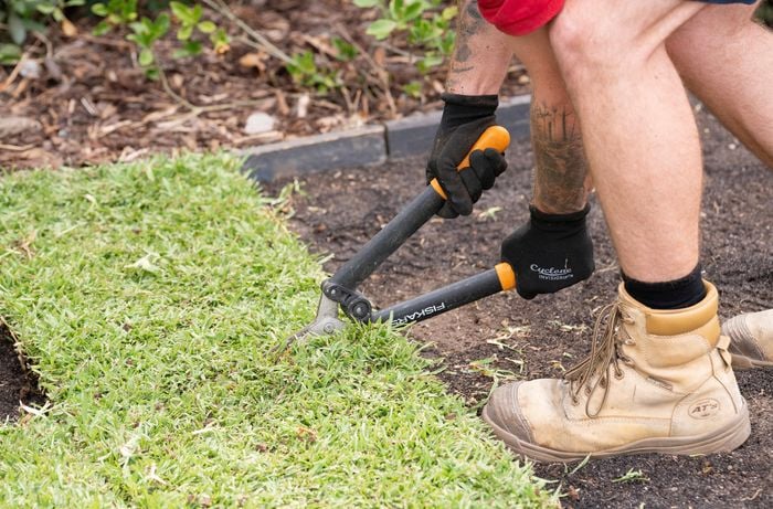 A person is cutting the edge of freshly laid turf using garden shears to fit it neatly along the border.