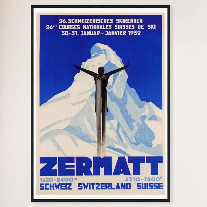 Galrie Vintage 1932 Zermatt Switzerland Ski Poster - Aerial Art for Ski Lovers, Black Frame, A0 84 x 119cm (33 x 47inch)