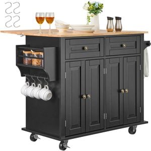 VEVOR Kitchen Island Cart Black Rolling Storage Cabinet on Wheel with Drawer & Shelves