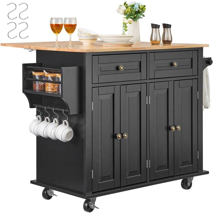 VEVOR Kitchen Island Cart Black Rolling Storage Cabinet on Wheel with Drawer & Shelves
