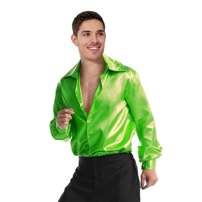 s 70s Deluxe Disco Shirt Costume Dance Groovy Dancer Long Sleeve Green