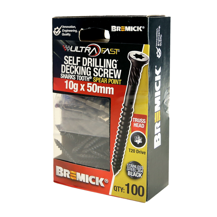 Bremick Ultrafast 10g x 50mm Stainless Steel 304 Black T20 Truss Head -100 Pack 