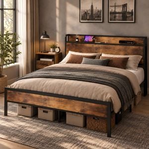 Advwin Metal Bed Frame Queen Size Storage Headboard with Charging Station and USB Ports