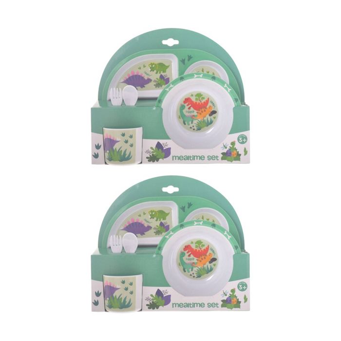 2pk Gibson Gifts Dinosaur Kids Meal Dinner Set Melamine Plate Bowl Cup Cutlery