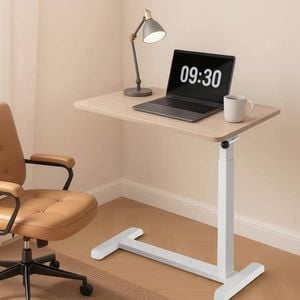 Homfurn Mobile Laptop Desk – Height Adjustable With Wheels, Flexible Sit Stand Side Table, 70cm, Oak & White