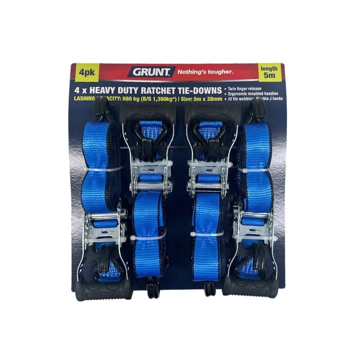 GRUNT 38mm x 5m Ratchet Tie Down Set - 4 Pack
