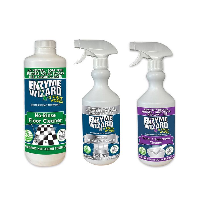 3pc Enzyme Wizard Bathroom Pack Floor 1L/Glass 750ml/Toilet Cleaner 750ml Set