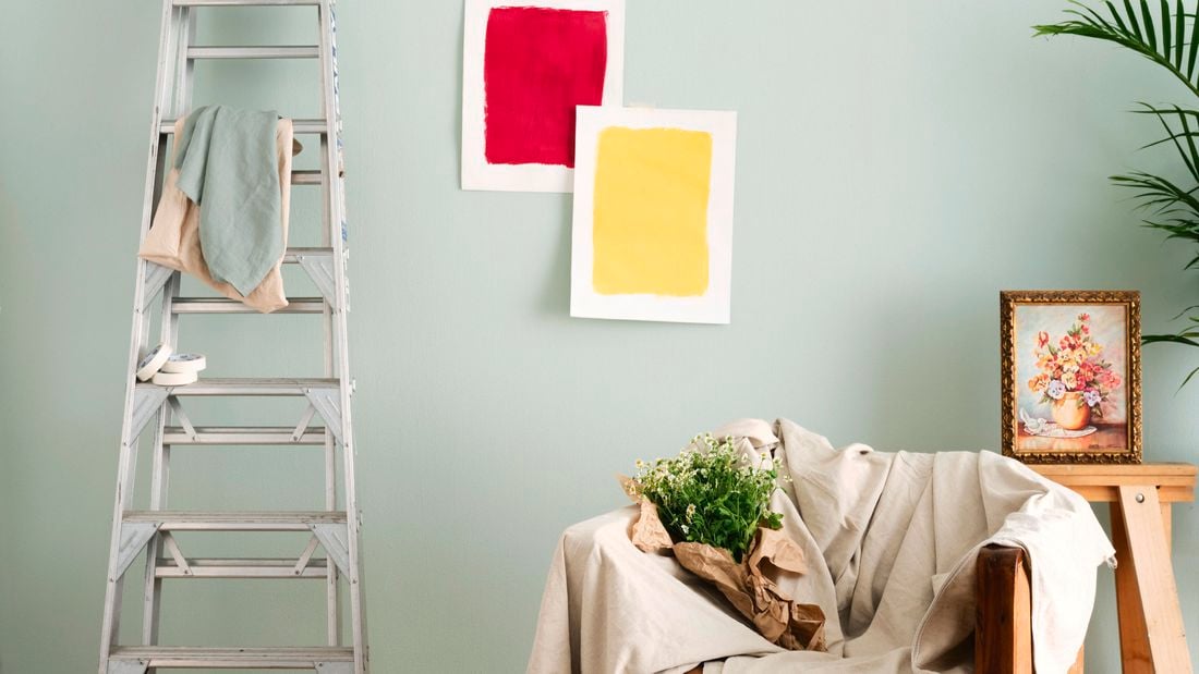 Ladder leaning against wall with samples of paint colour up in preparation of choosing 