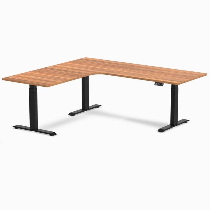 Desky L-Shape Sit to Stand Prime Oak Melamine Desk 2000x1800mm - Left Return Height Adjustable Matte Black Leg