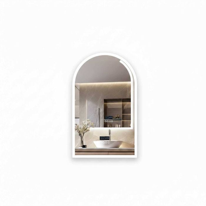P&P Matte White Arched LED Bathroom Mirror Bluetooth Anti Fog Display
