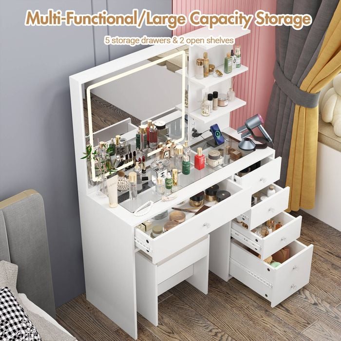 Advwin Dressing Table Stool Set Charging Station Lights Glass Tabletop Vanity Desk White