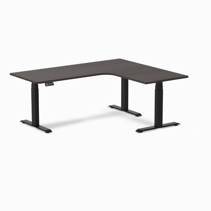 Desky L-shape Sit To Stand Burnished Wood Melamine Desk 1800x1500mm - Right Return Height Adjustable Matte Black Leg