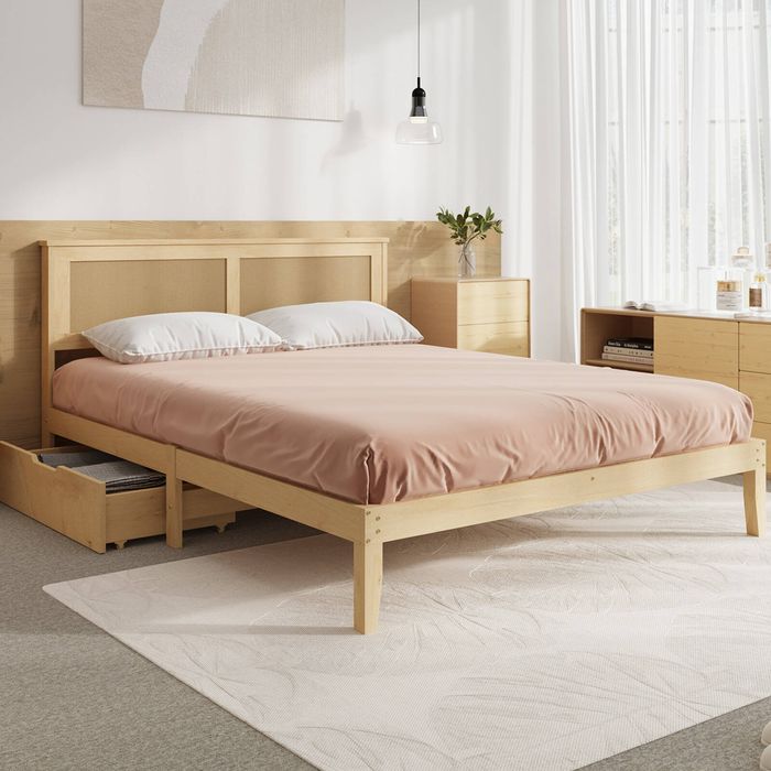 Oikiture Double Wooden Bed Frame with 2 Storage Drawers