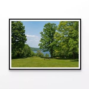 Picnic Table, Meadow with Lake  Print 100% Australian Made 90x60cm  (Poster)