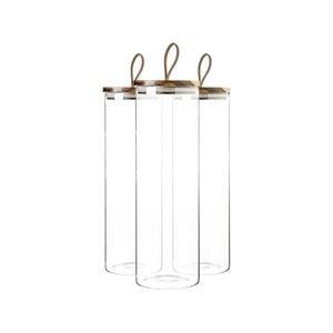 Argon Tableware Glass Storage Jar - Wood Lid - 2 Litre - Leather Loop - 3x Modern Round Scandi Organisation Container Glass Jar