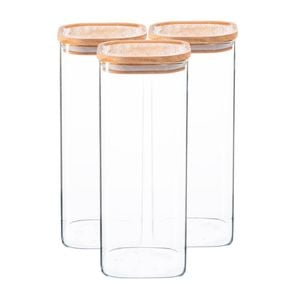 Argon Tableware 6x Glass Storage Jars With Airtight Wooden Lids - 1.9l - Square Cube Kitchen Storage Container Preserving Jars