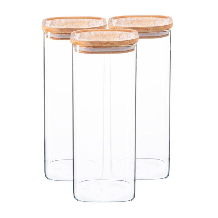 Argon Tableware 6x Glass Storage Jars With Airtight Wooden Lids - 1.9l - Square Cube Kitchen Storage Container Preserving Jars