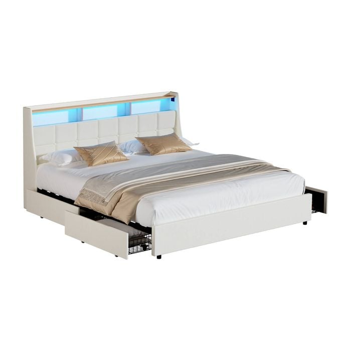 Oikiture Metal Bed Frame King Size LED Headboard with 2 Drawers Linen Beige