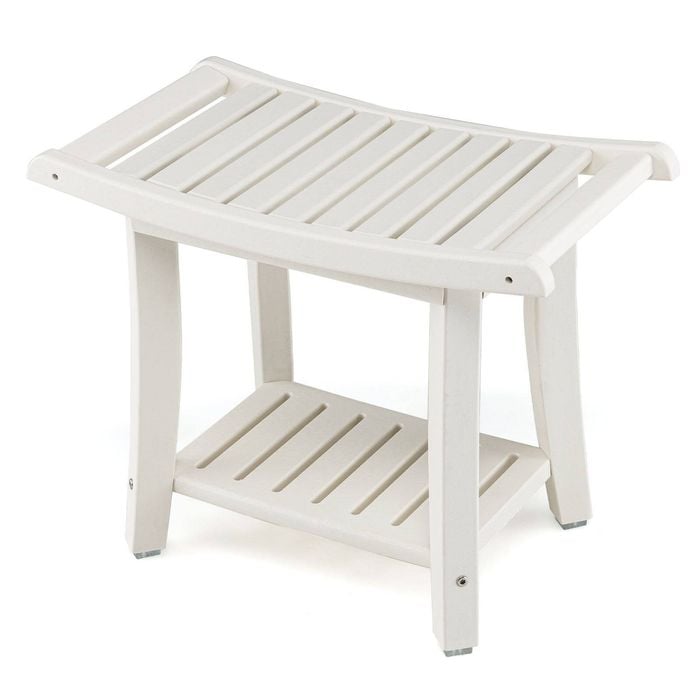 Costway 2-tier Shoes-changing Seat Shower Bench W/towel Rack & Shelf White
