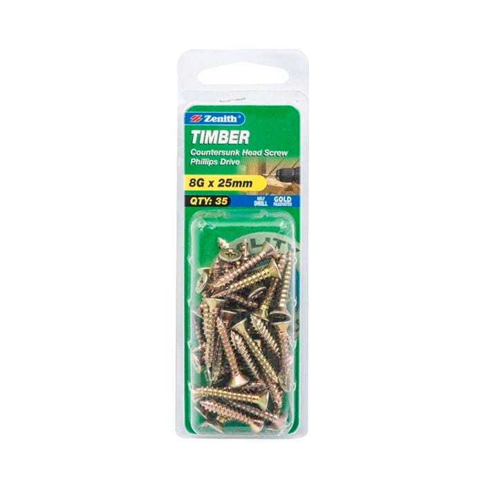 Zenith 8G x 25mm Gold Passivated Timber Countersunk Head Screw - 35 Pack