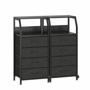 Advwin 2xbedside Table With Charging Station, 4-drawer Fabric Nightstand With Storage Shelf, Black