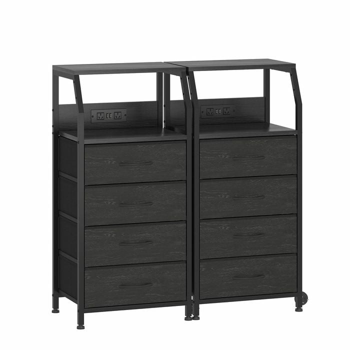 Advwin 2xbedside Table With Charging Station, 4-drawer Fabric Nightstand With Storage Shelf, Black