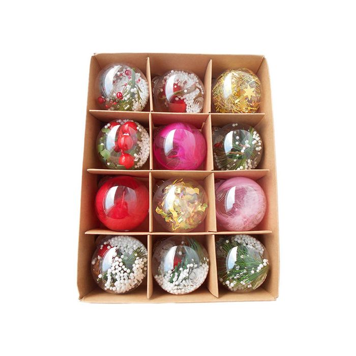 Catzon 12 Pcs Clear Christmas Balls Filled with Feather Berries Ribbons for Xmas Party Wedding-Set 2