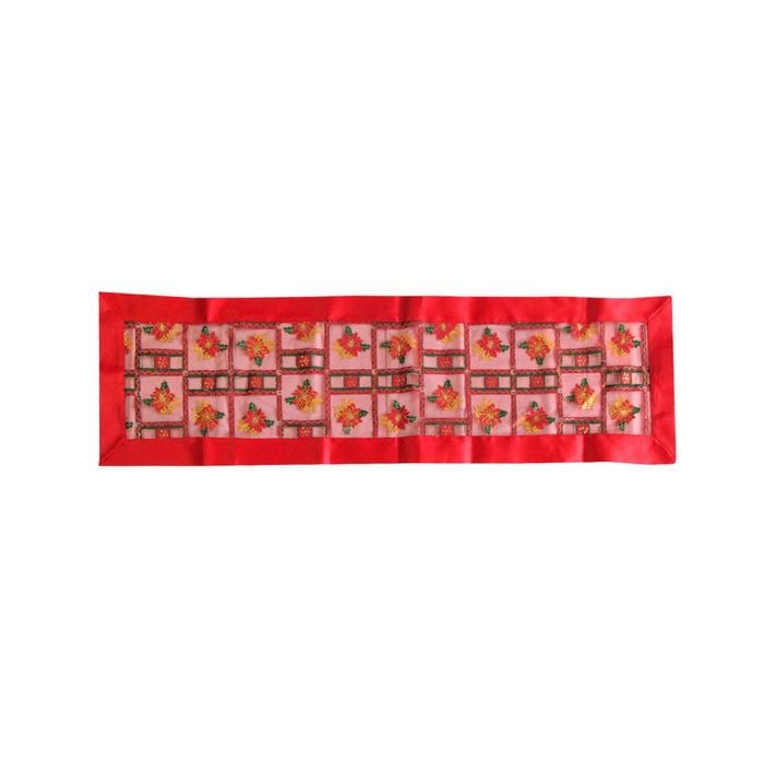 Red Festival Floral Sheer Organza Glitter Table Runner 40 x 138 cm Red