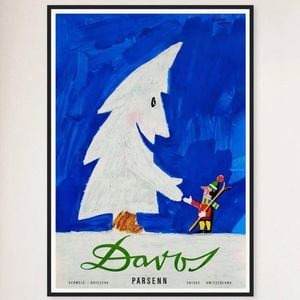Galrie Davos Parsenn Snow Tree Vintage Ski Poster - Swiss Alps Adventure Art, Black Frame, 50 x 70cm (20 x 28inch)