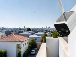 A Swann Security camera mounted on an exterior wall