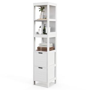 Costway Bathroom Cabinet Wood Storage Organiser 2 Drawer & Open Shelf  Tallboy Cupboard
