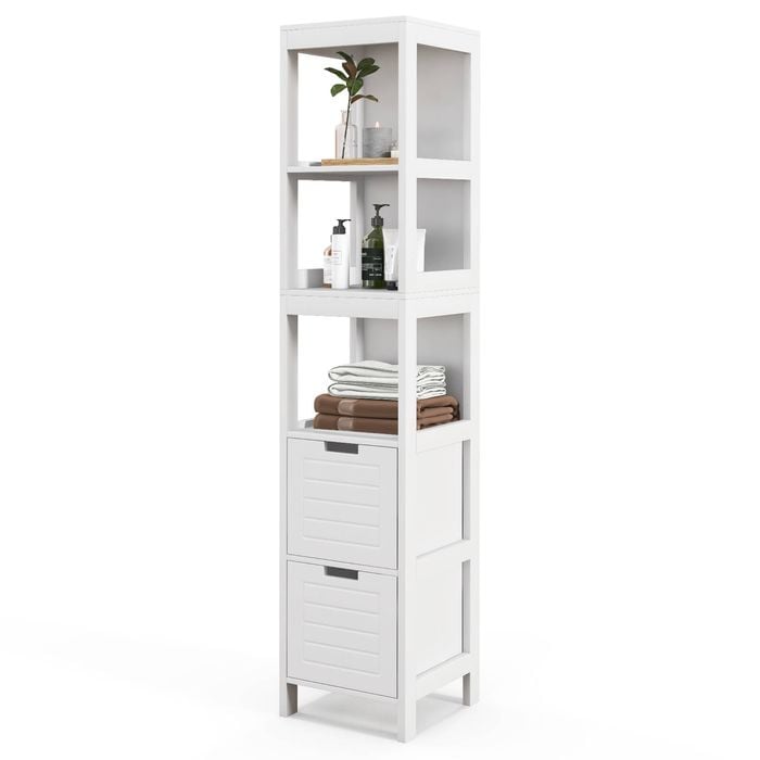 Costway Bathroom Cabinet Wood Storage Organiser 2 Drawer & Open Shelf  Tallboy Cupboard