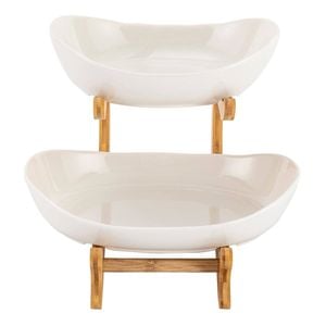 CARLA HOME 2-Tier Ceramic Fruit Bowl Basket with Bamboo Stand