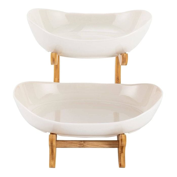 CARLA HOME 2-Tier Ceramic Fruit Bowl Basket with Bamboo Stand