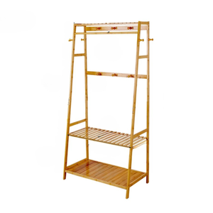 P&P Brown Bamboo Wooden Coat Rack With Multi Hooks, Hanging Rod & Shelves