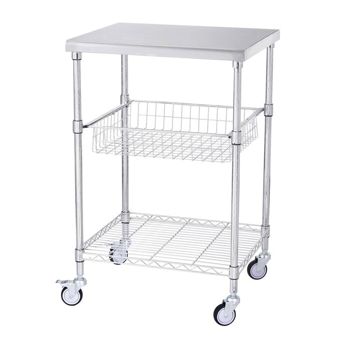 VEVOR Kitchen Utility Cart Silver Wire Rolling Steel with 6 Hooks 3 Tiers