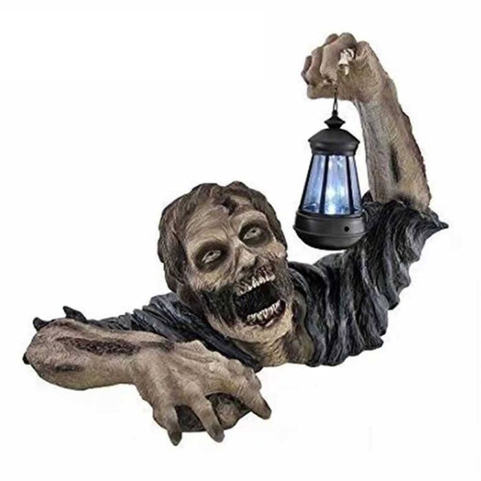 P&P Grey Zombie Gnome Statue 20x11x15cm Resin Lantern Halloween Garden Decor