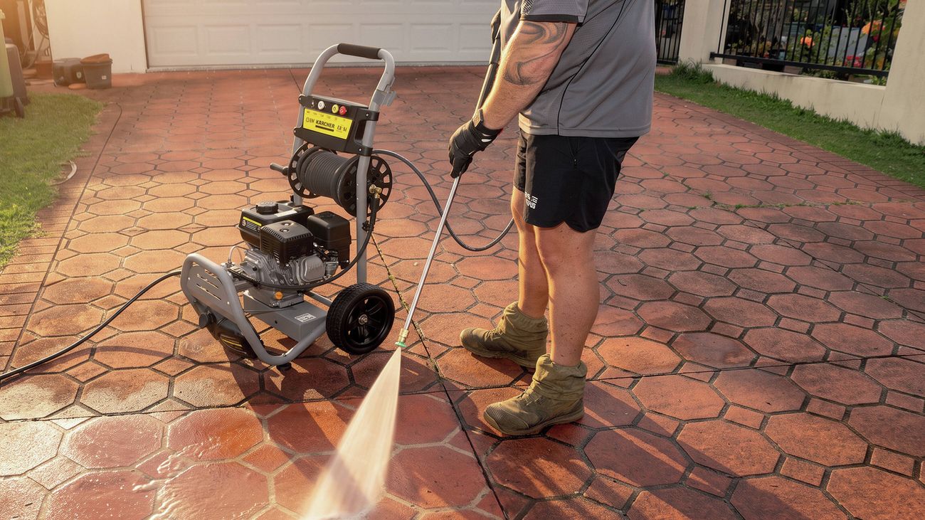 Pressure washer surface cleaner removing dirt from a paved driveway.