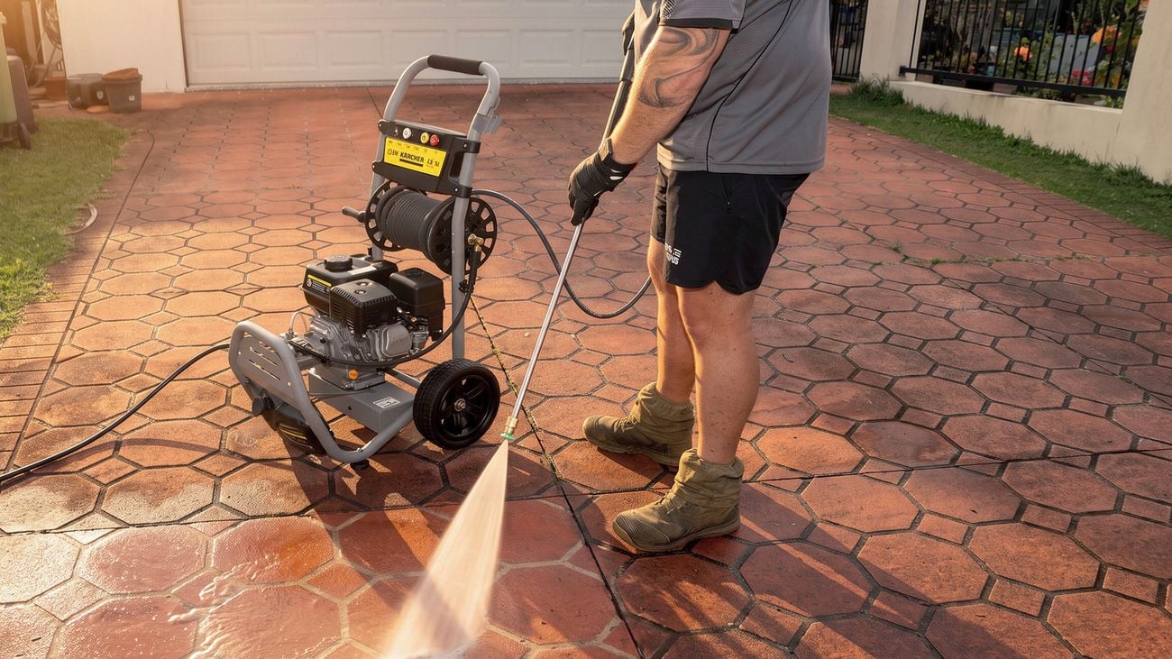 Pressure washer surface cleaner removing dirt from a paved driveway.