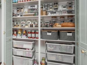Pantry with items neatly organised and baskets for additional storage.
