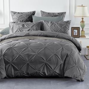 CottonMore 100% Cotton Steel Grey Diamond Pinch Pleated Pintuck Doona Quilt Cover Set - Single
