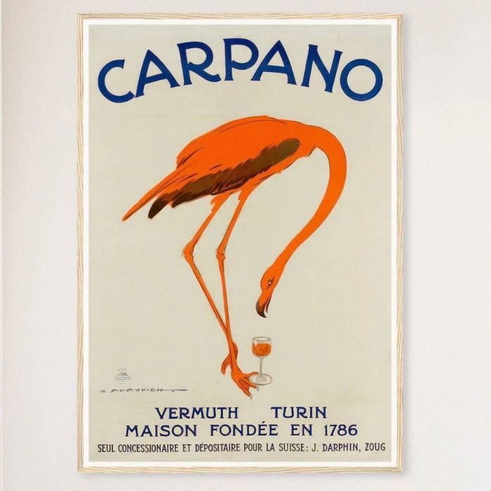 Galrie Carpano Vermouth Flamingo Vintage Advertising Poster for Collectors and Home, Wood Frame, A2 42 x 60cm (16 x 24inch)